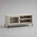 TV-Lowboard mit Glastür, 2 offenen Fächern, Spanplatte und Stahl, Beige/Schwarz, 120 × 40 × 60 cm