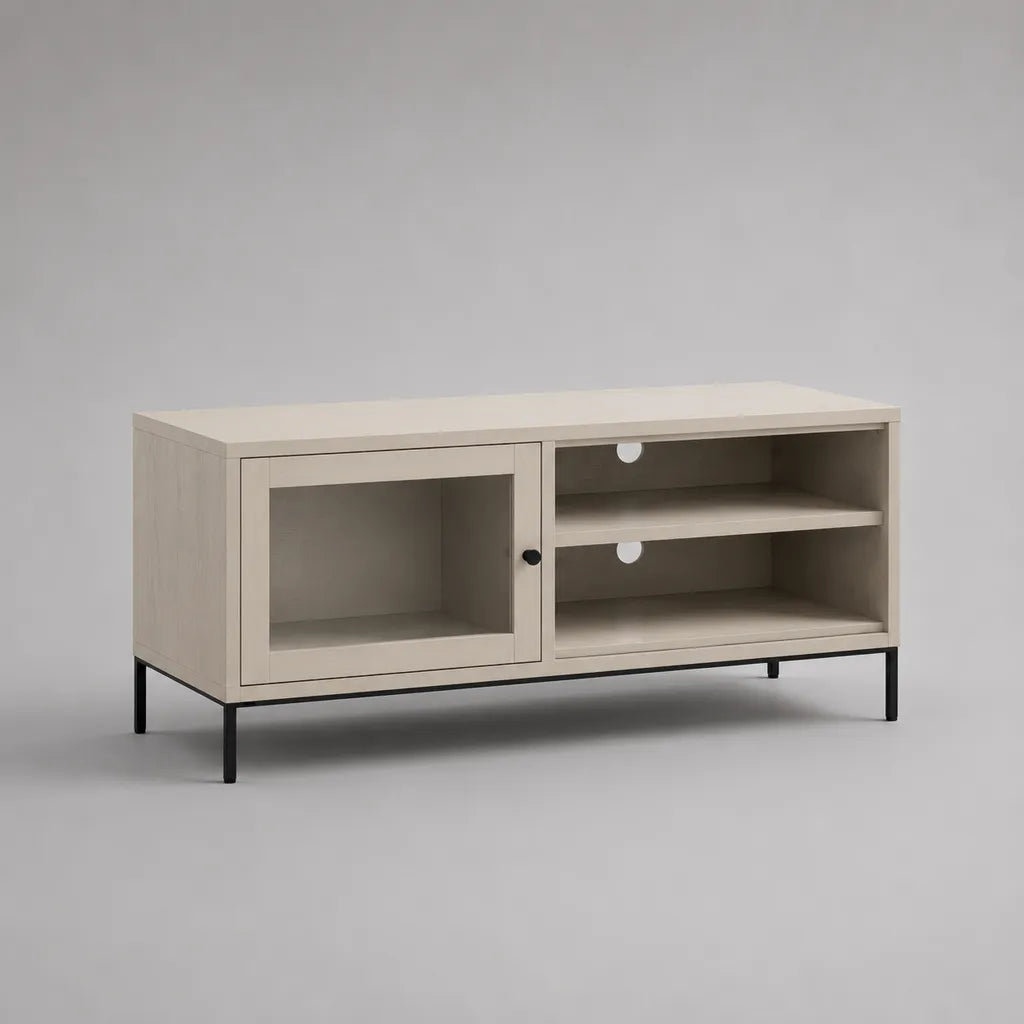 TV-Lowboard mit Glastür, 2 offenen Fächern, Spanplatte und Stahl, Beige/Schwarz, 120 × 40 × 60 cm