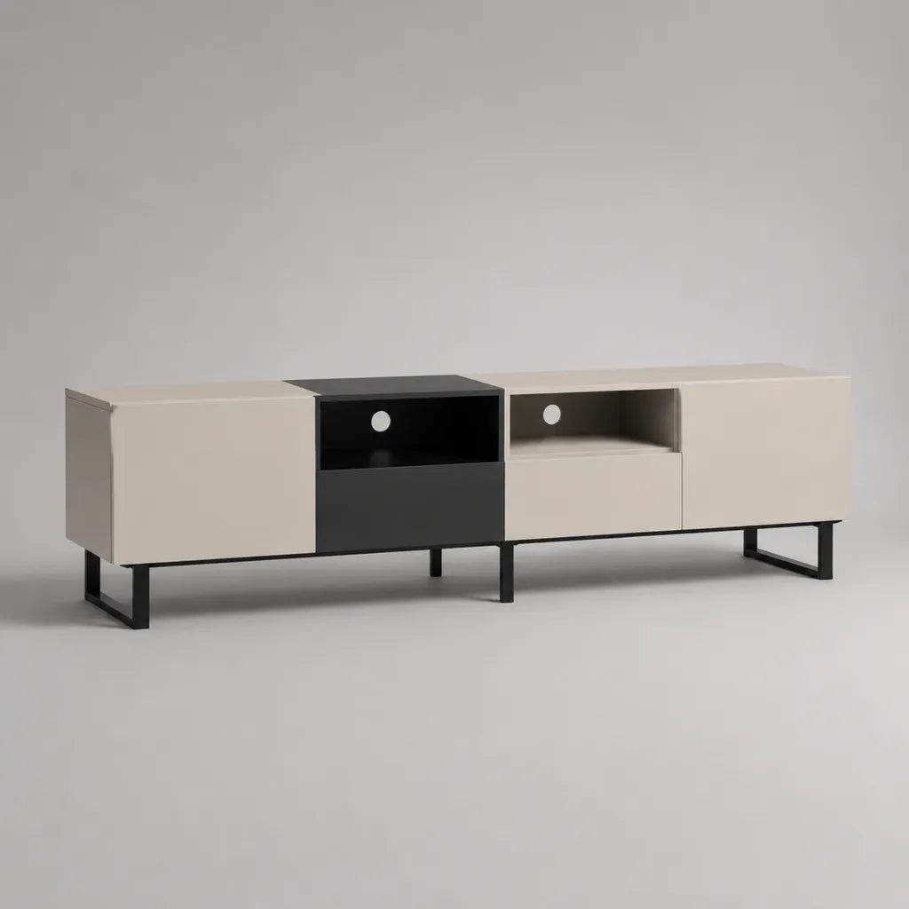 TV-Lowboard aus melaminbeschichteter Spanplatte mit Stahlgestell, Beige und Schwarz, 180 × 40 × 60 cm