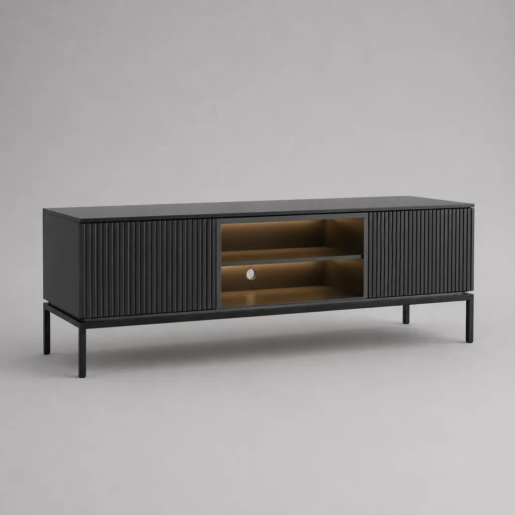 TV-Lowboard mit LED-Beleuchtung, 2 Lamellentüren, 1 Glastür, MDF-Front und Stahlgestell, Schwarz, 160 × 40 × 60 cm