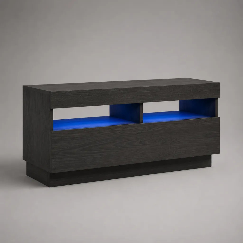 TV-Lowboard mit LED-Beleuchtung aus melaminharzbeschichteter Spanplatte, Schwarz mit blauem Licht, 120 × 35 × 55 cm