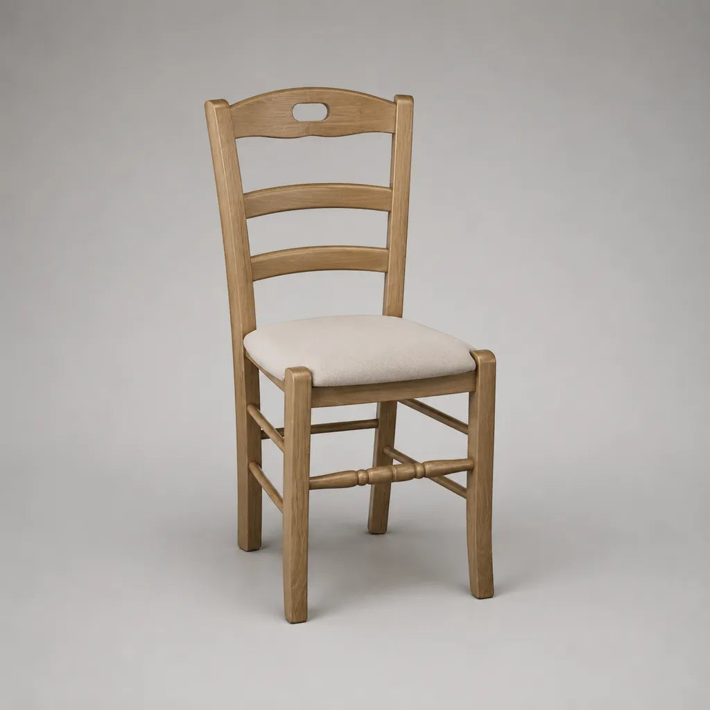 Esszimmerstuhl aus massivem Eichenholz mit gepolstertem Polyestersitz und Leiterlehne, Natur/Creme, 44 × 48 × 96 cm
