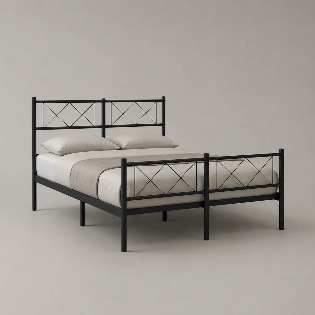 Metallbett Doppelbett aus Stahl in Schwarz, Liegefläche 140 × 200 cm, Außenmaß 146 × 208 cm, mit Kopf- und Fußteil