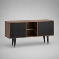 TV-Schrank Lowboard aus Spanplatte mit Walnussdekor und geriffelten MDF-Türen, Braun und Schwarz, 120 × 40 × 75 cm