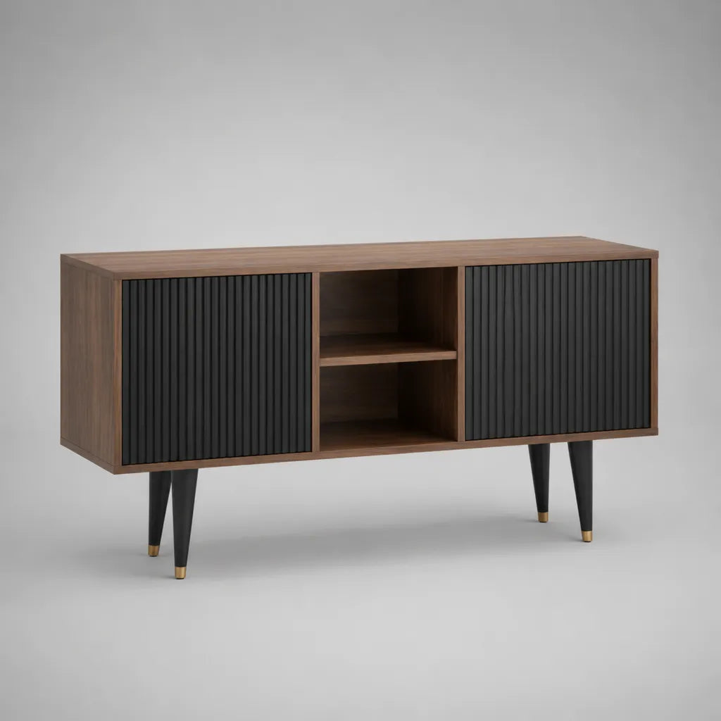 TV-Schrank Lowboard aus Spanplatte mit Walnussdekor und geriffelten MDF-Türen, Braun und Schwarz, 120 × 40 × 75 cm