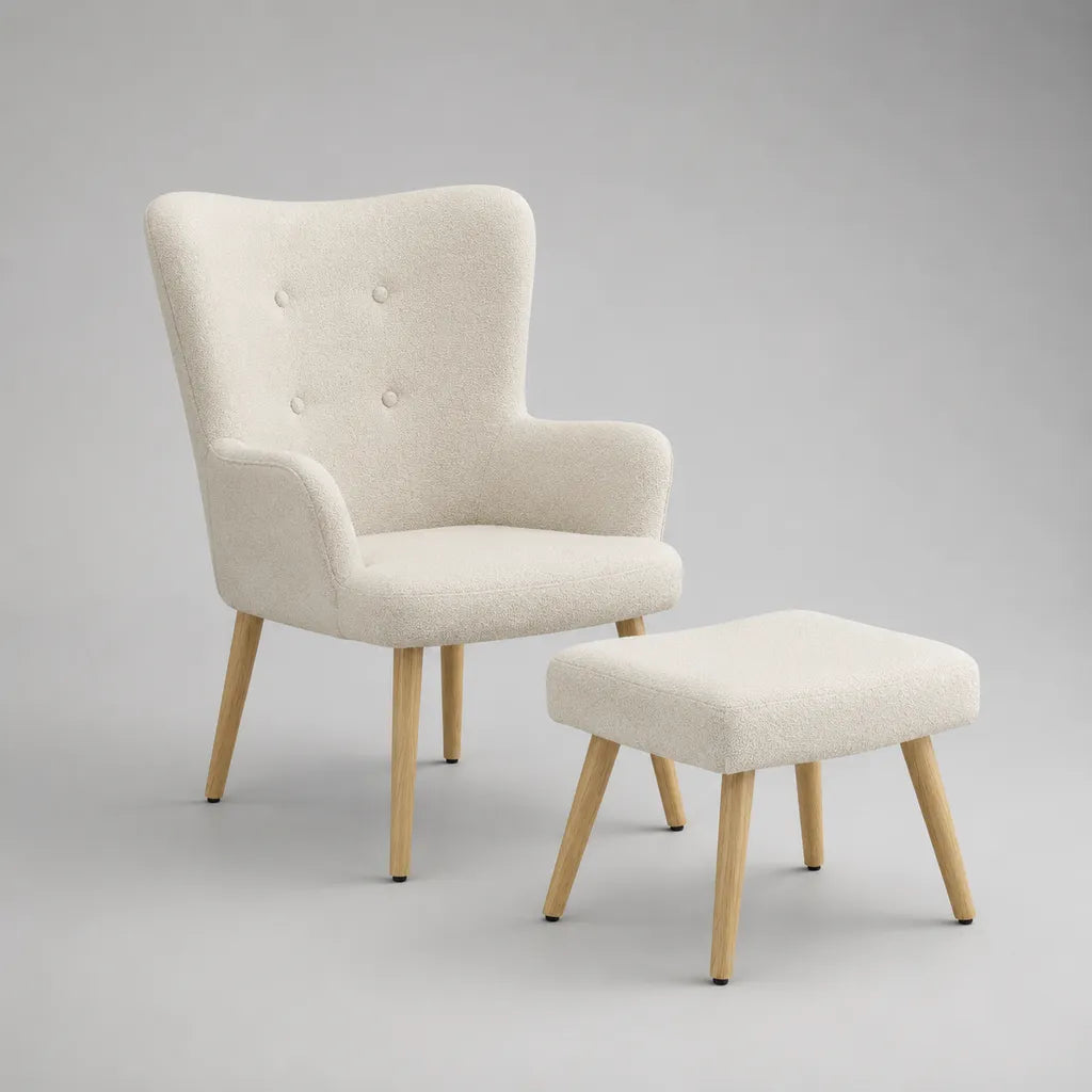 Ohrensessel mit Hocker, 2-teilig, Polyester-Bouclé, Creme, Sessel 73 × 75 × 98 cm, Hocker 58 × 44 × 40 cm