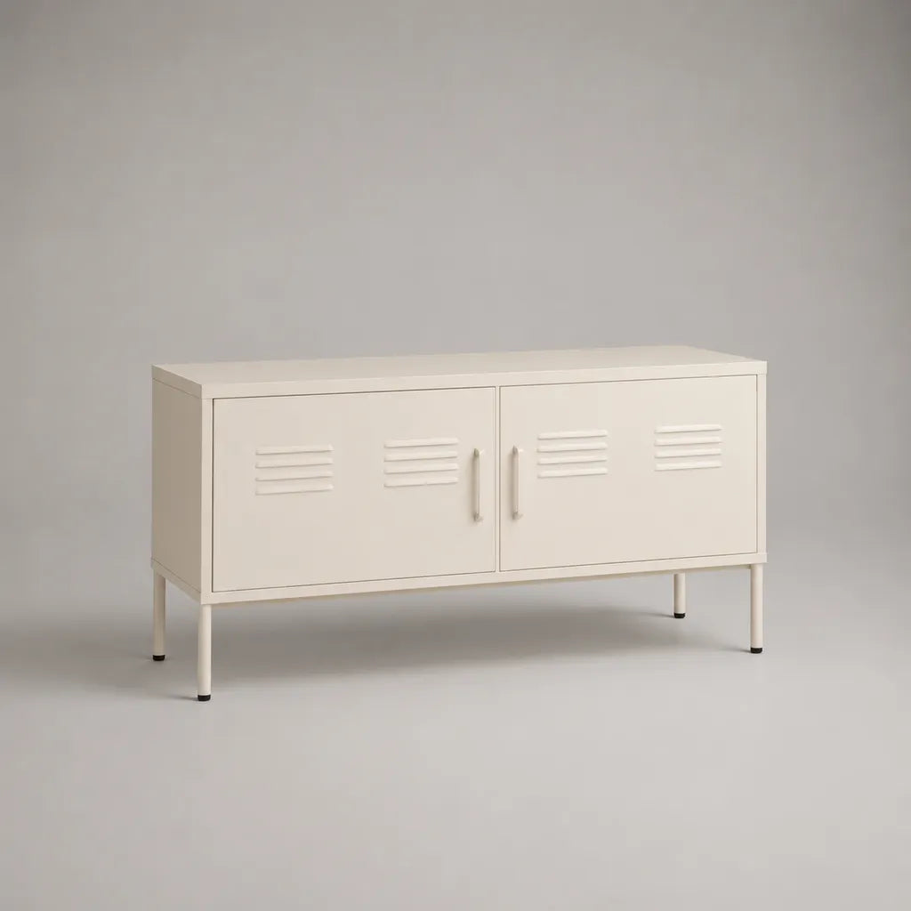 TV-Lowboard aus Stahl mit 2 Türen und Lüftungsschlitzen, Weiß, 120 × 40 × 65 cm
