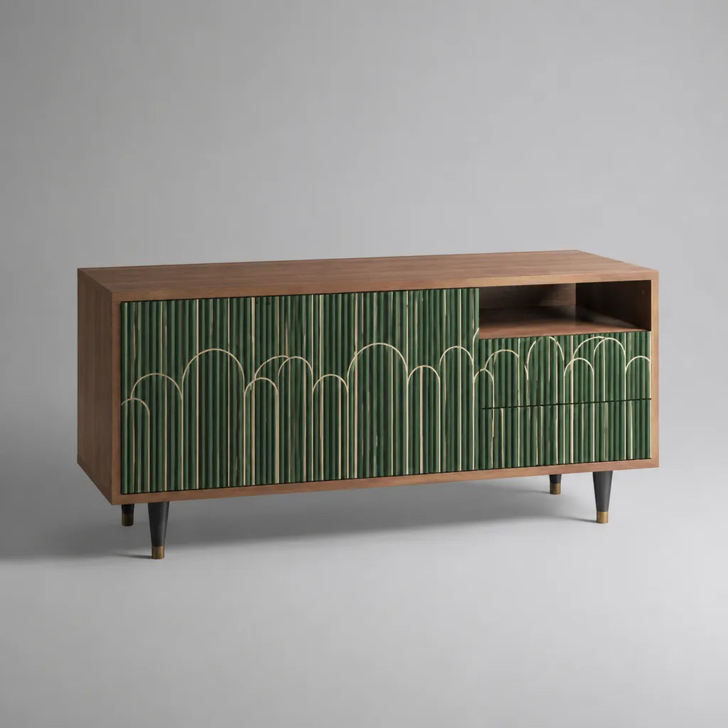 TV-Lowboard aus MDF mit Walnussfurnier, 2 Türen, 2 Schubladen und offenem Fach, Grün/Braun mit goldfarbenen Details, 150 × 40 × 75 cm