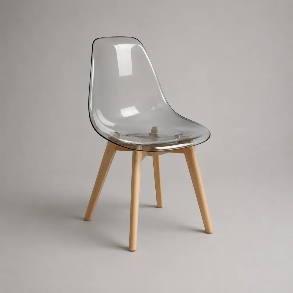 Esszimmerstuhl aus transparentem Polycarbonat mit Beinen aus Buchenmassivholz, Transparent/Natur, 46 × 52 × 83 cm