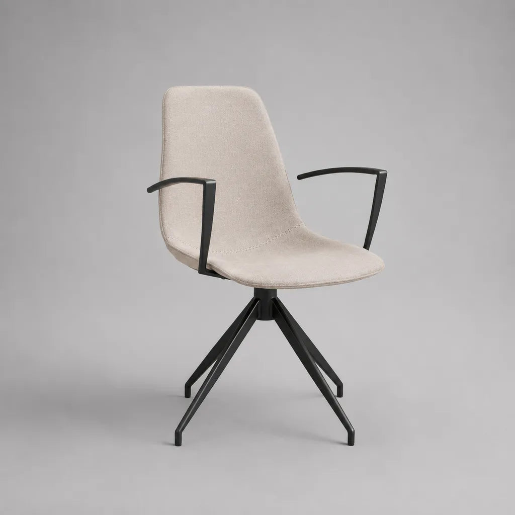 Esszimmerstuhl mit Armlehnen, drehbarer Schalensitz, Polyesterbezug und Stahlgestell, Beige/Schwarz, 58 × 61 × 86 cm
