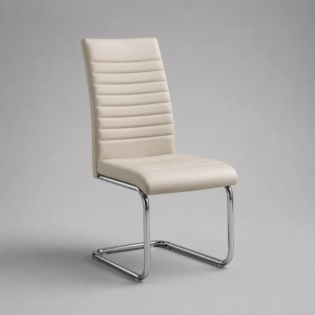 Esszimmerstuhl Freischwinger aus PU-Kunstleder und verchromtem Stahl, Creme, 43 × 56 × 99 cm