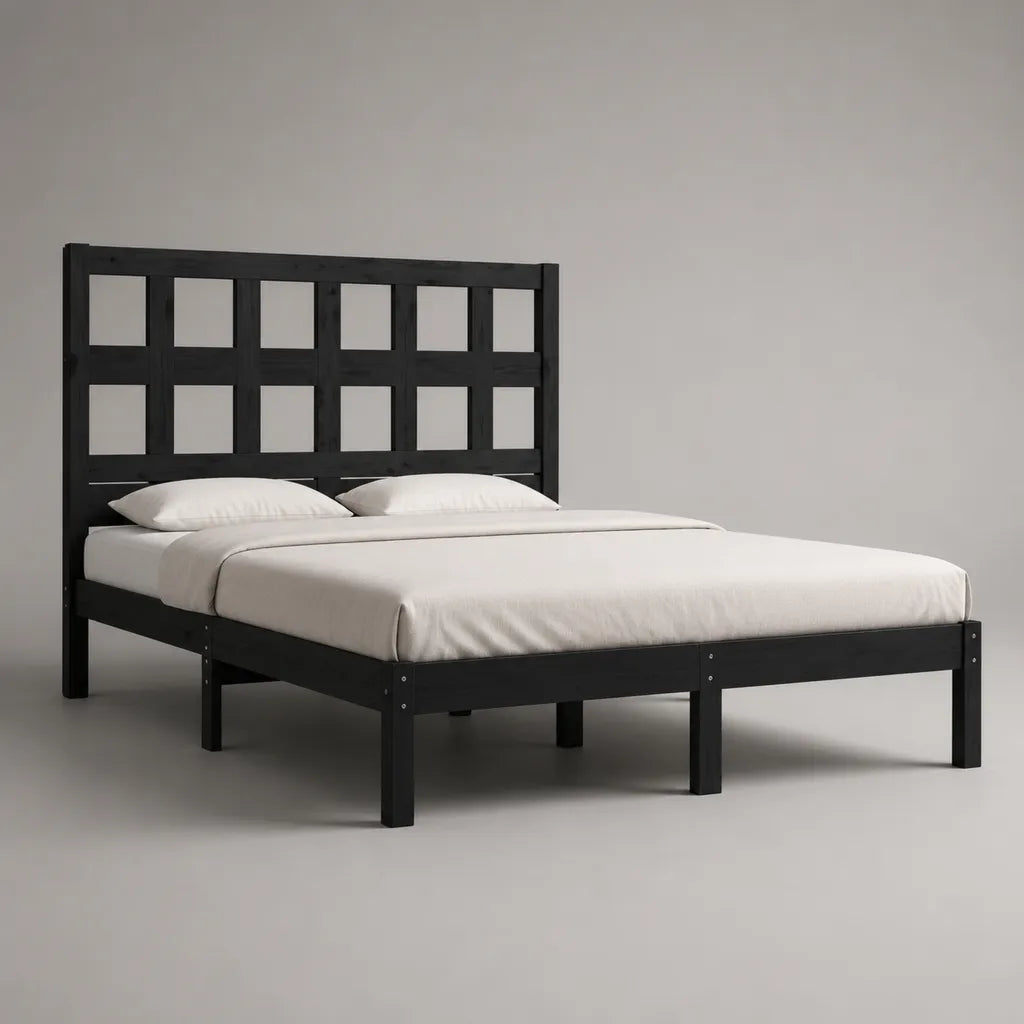 Doppelbettgestell aus massivem Kiefernholz mit Lattenrost und Gitterkopfteil, Schwarz, 160 × 200 cm