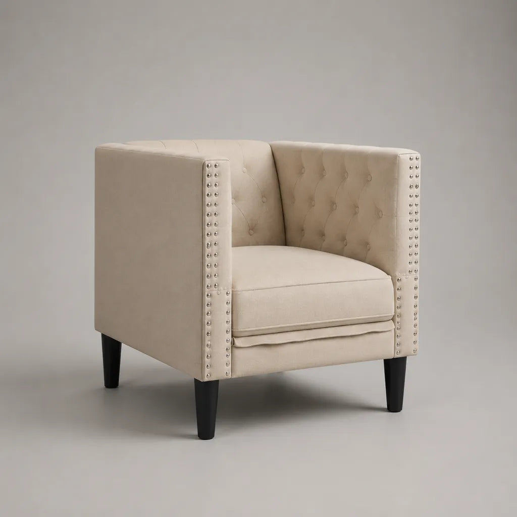Sessel mit Armlehnen aus Polyestersamt und Knopfheftung, Beige, 76 × 75 × 81 cm